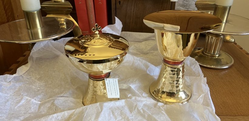 A Chalice , Ciborium and Pattern donated for use in our Choir Church Services – February 2023